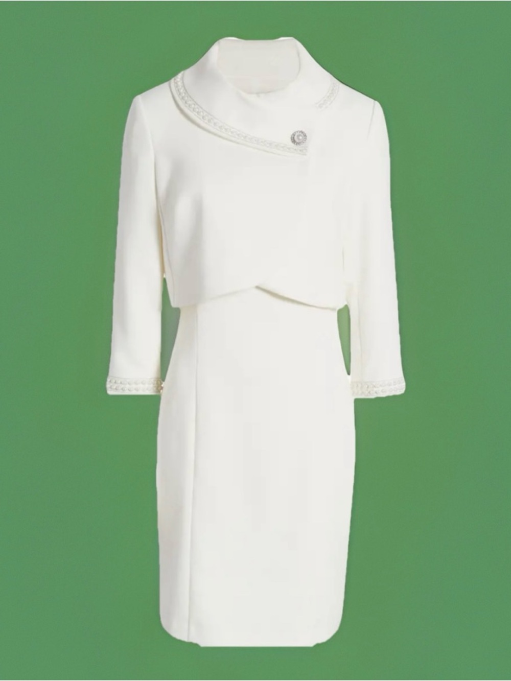 NWT Tahari Arthur S. Levine | Ivory Pearl-Trimmed Dress & Jacket Suit Set | Sz 2 - Picture 2 of 10
